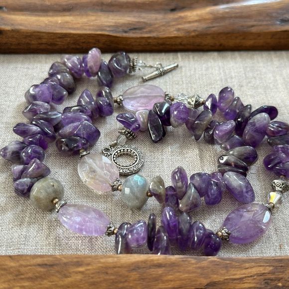 Amethyst Labradorite Beaded Sterling Silver Necklace 19" Toggle Clasp Purple VTG - Picture 5 of 16